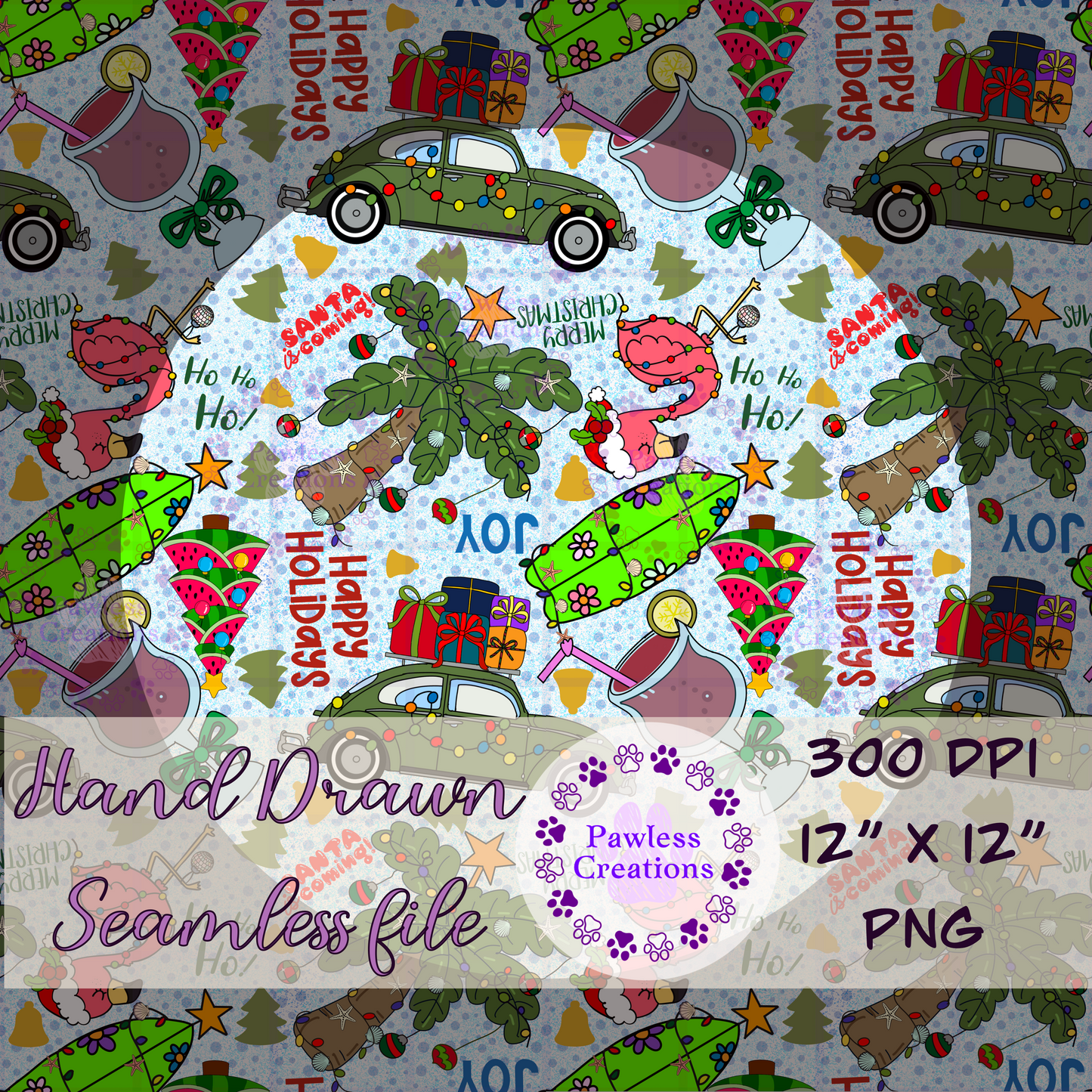 Beachy Christmas Seamless Pattern PNG | Tropical Holiday Digital Paper | Coastal Christmas Sublimation Background | 12x12 Digital Download