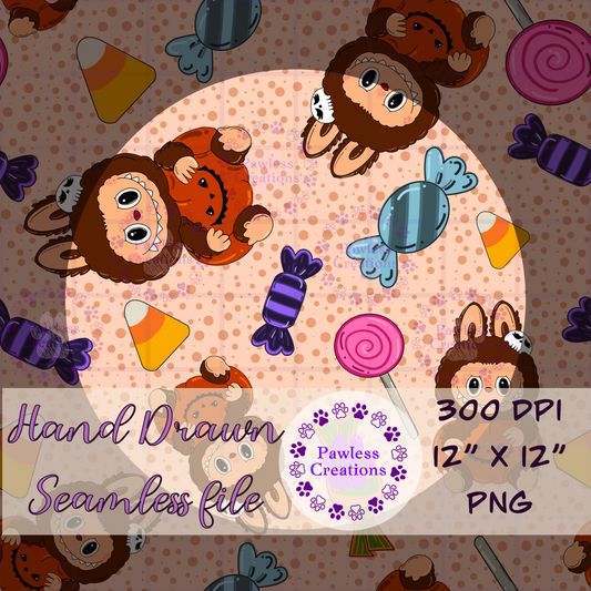 Cartoon monsters and candies on a patterned background with 'Pawless Creations' branding.