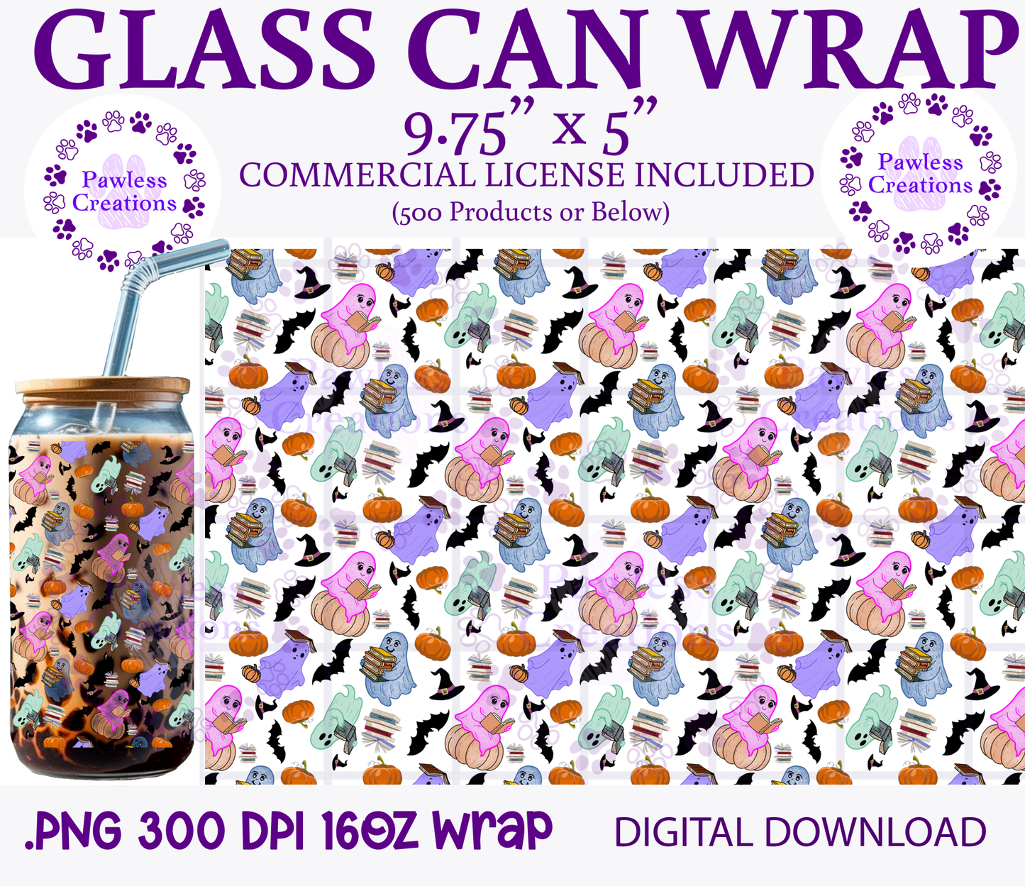 Halloween Cute Colorful Bookish Digital File 16oz Glass Can Wrap 300 DPI PNG UVDTF Sublimation Pastel Spooky Transparent Wrap Book Spooky