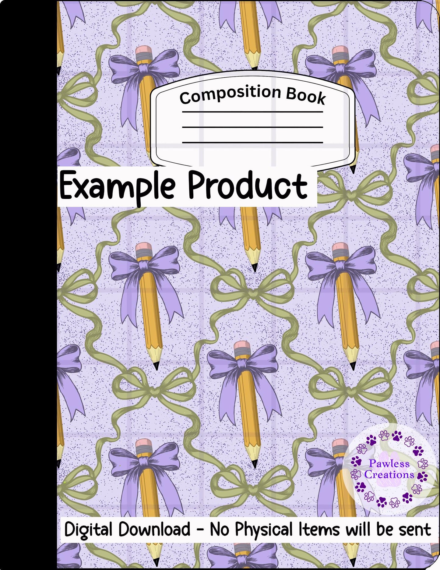 Printable Composition Notebook Cover: Purple Pencils & Bows PNG (6.9x10 in)