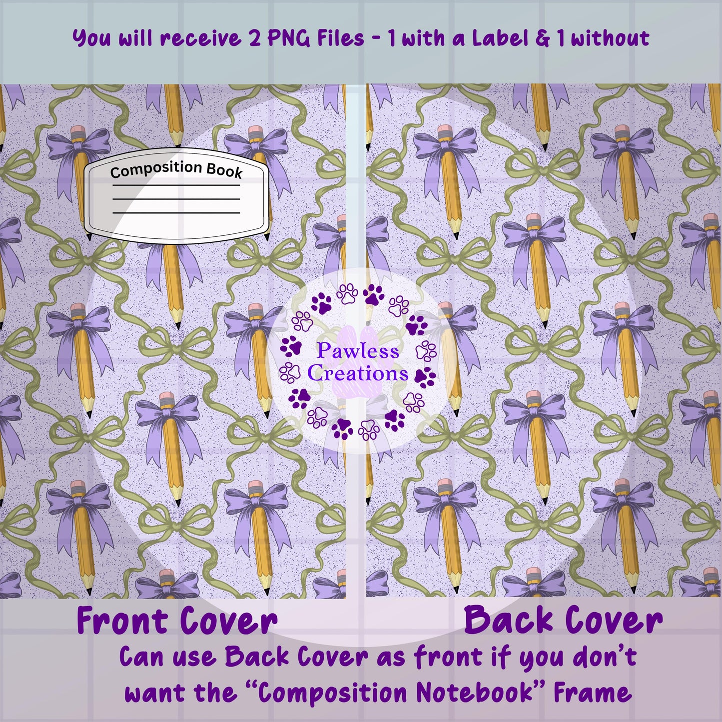 Printable Composition Notebook Cover: Purple Pencils & Bows PNG (6.9x10 in)
