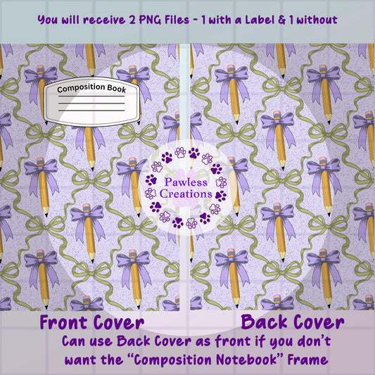 Printable Composition Notebook Cover: Purple Pencils & Bows PNG (6.9x10 in)