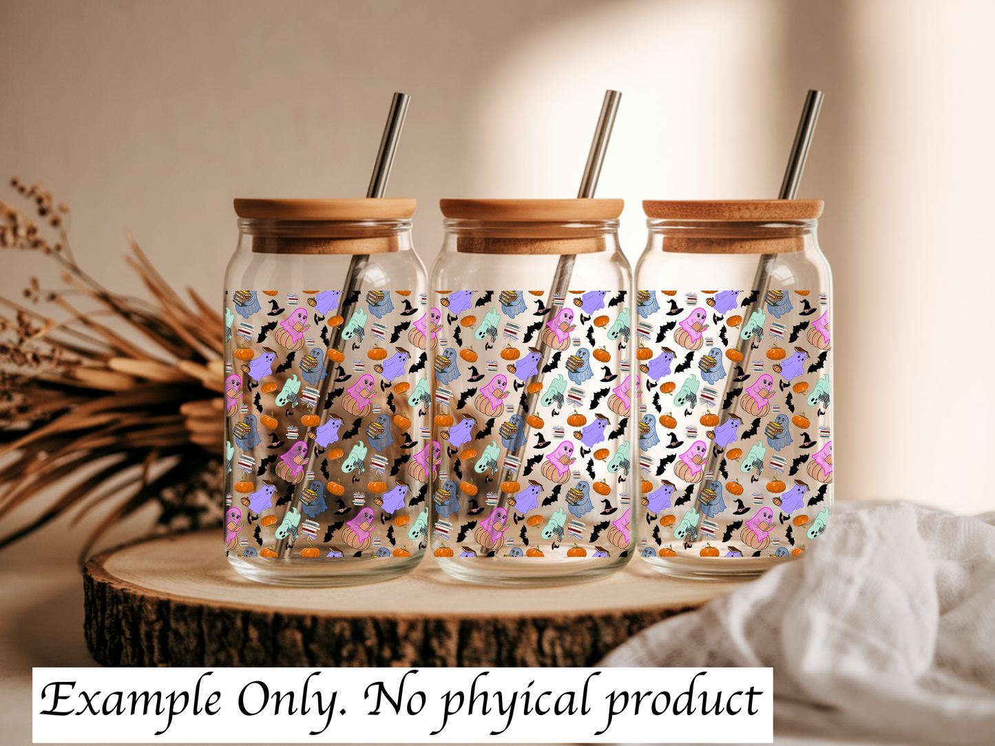 Halloween Cute Colorful Bookish Digital File 16oz Glass Can Wrap 300 DPI PNG UVDTF Sublimation Pastel Spooky Transparent Wrap Book Spooky