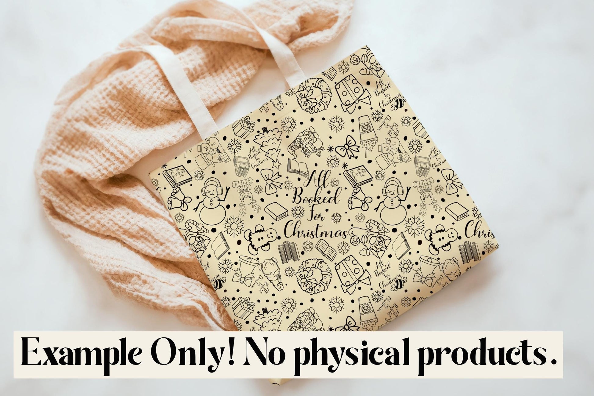 Decorative tote bag with Christmas-themed illustrations on a cream background