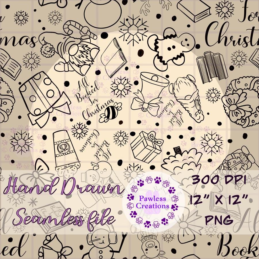 Hand-drawn Christmas-themed pattern with text overlay on a beige background