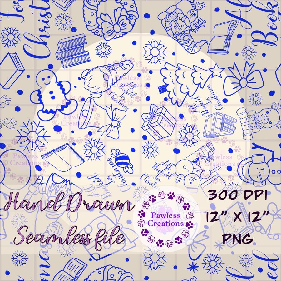 Patterned design with Christmas-themed illustrations on a beige background, featuring text about a hand-drawn file.