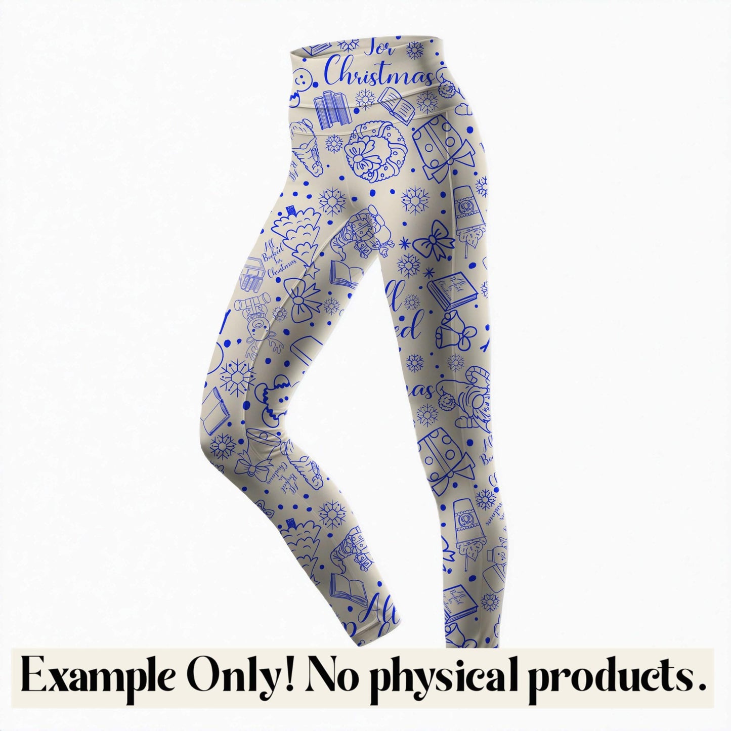 Leggings with blue Christmas-themed designs on a white background