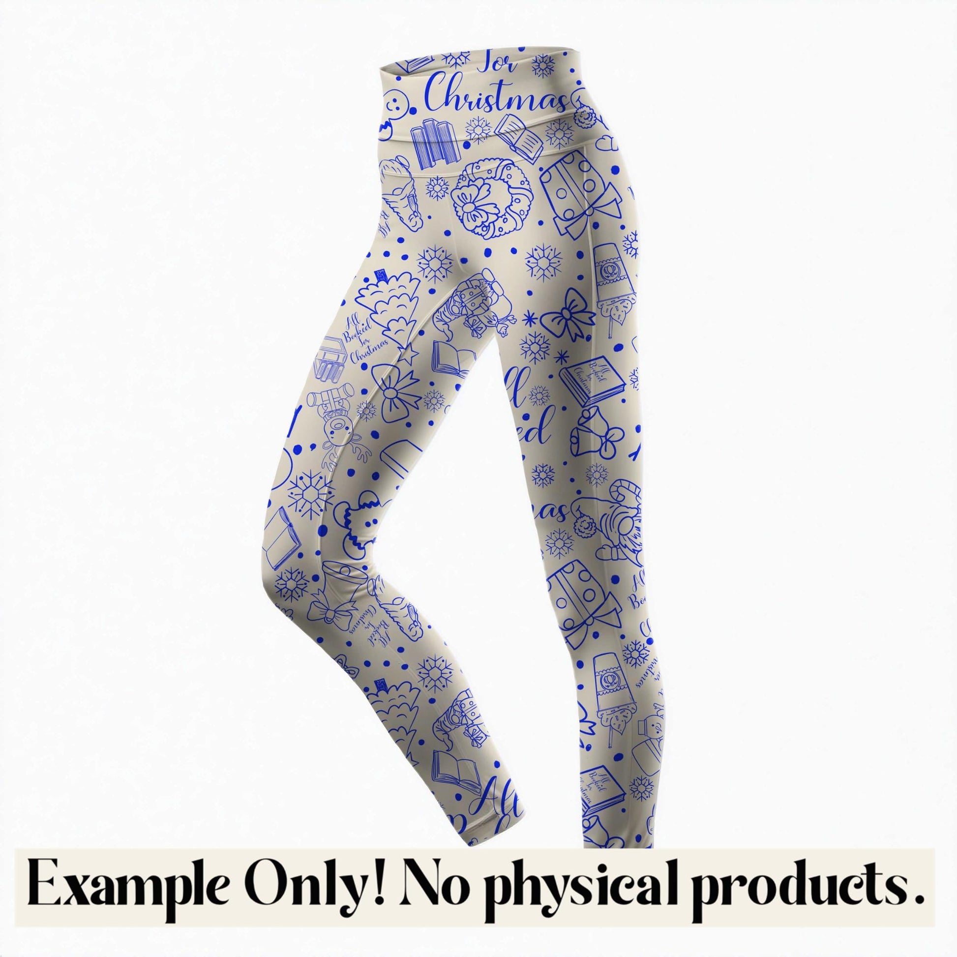 Leggings with blue Christmas-themed designs on a white background