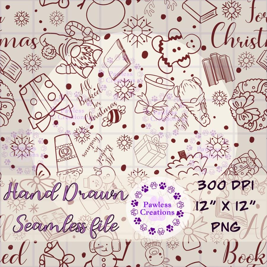 Hand-drawn Burgundy Christmas-themed pattern with text overlay on a light background
