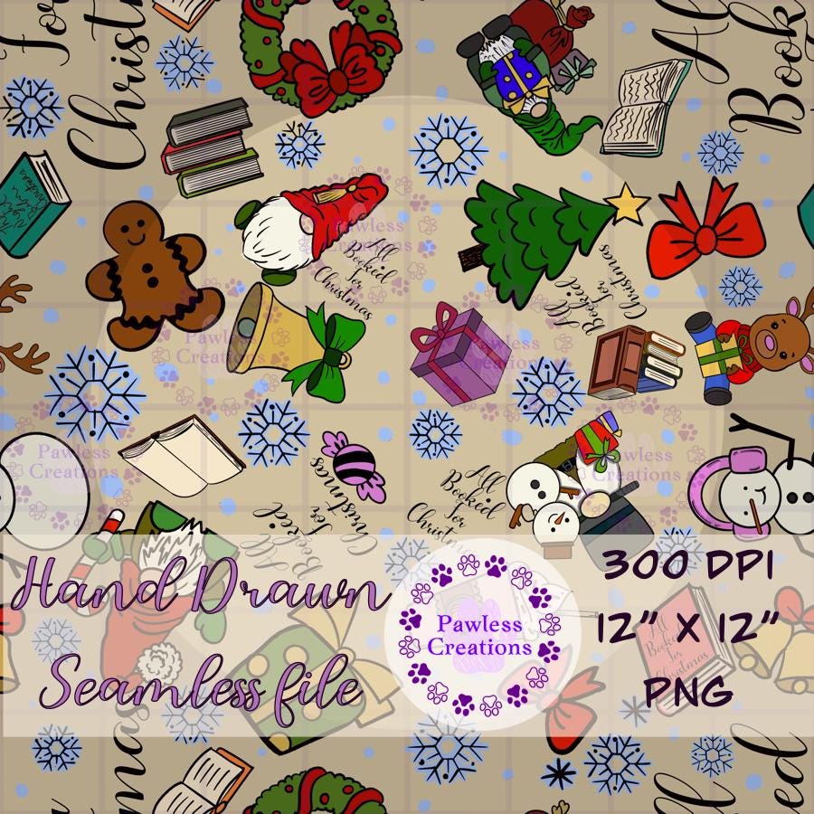Christmas-themed pattern with gingerbread men, snowmen, and other holiday elements on a beige background.