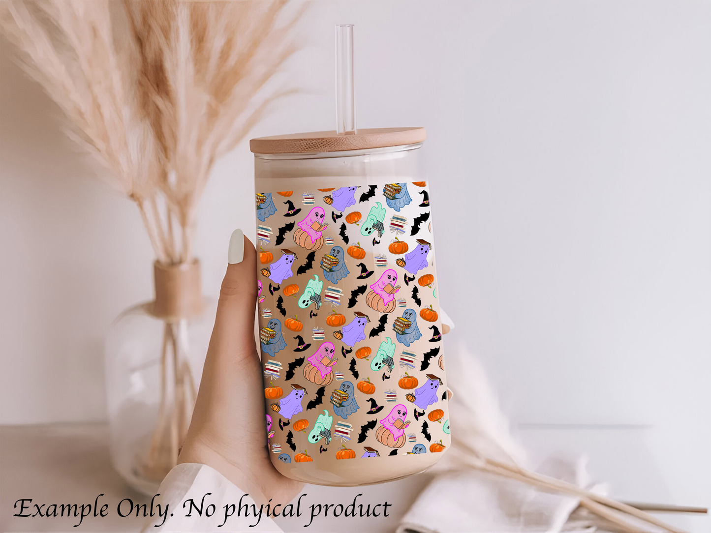 Halloween Cute Colorful Bookish Digital File 16oz Glass Can Wrap 300 DPI PNG UVDTF Sublimation Pastel Spooky Transparent Wrap Book Spooky