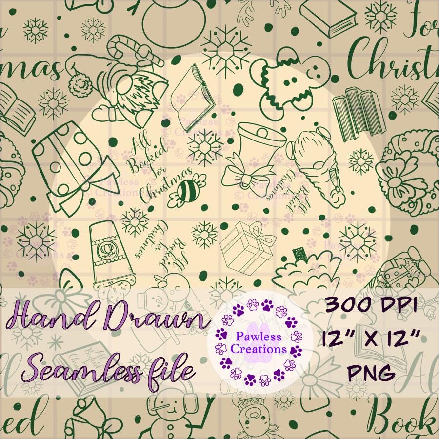 Green Hand-drawn Christmas-themed pattern with text overlay on a beige background