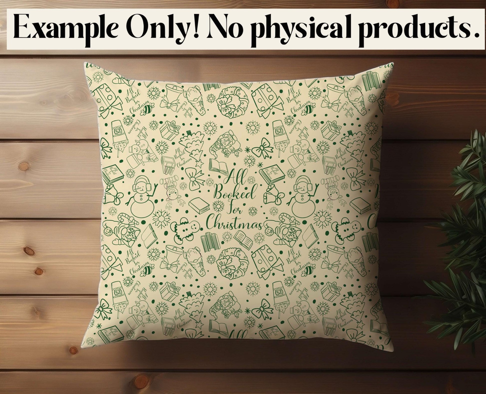 Decorative pillow with Christmas-themed pattern on a wooden surface