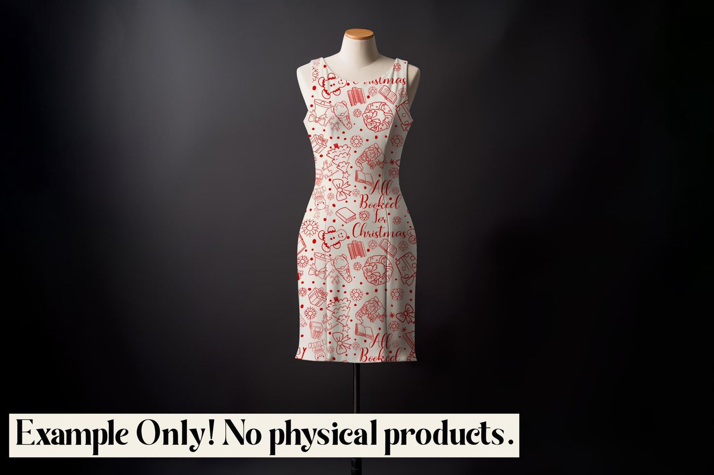 White dress with red text on a mannequin against a black background