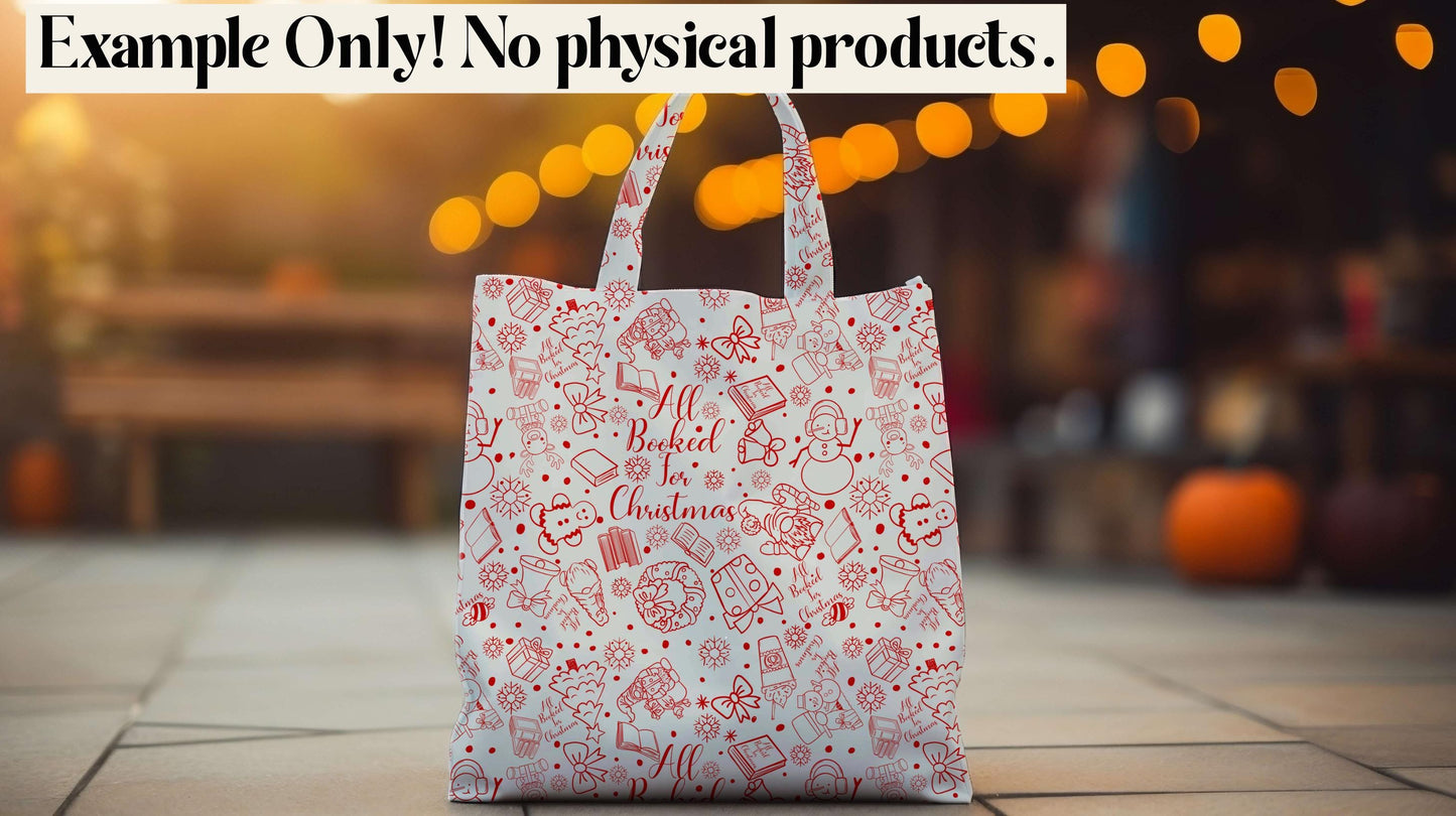 Red Tote bag with Christmas design on a blurred outdoor background