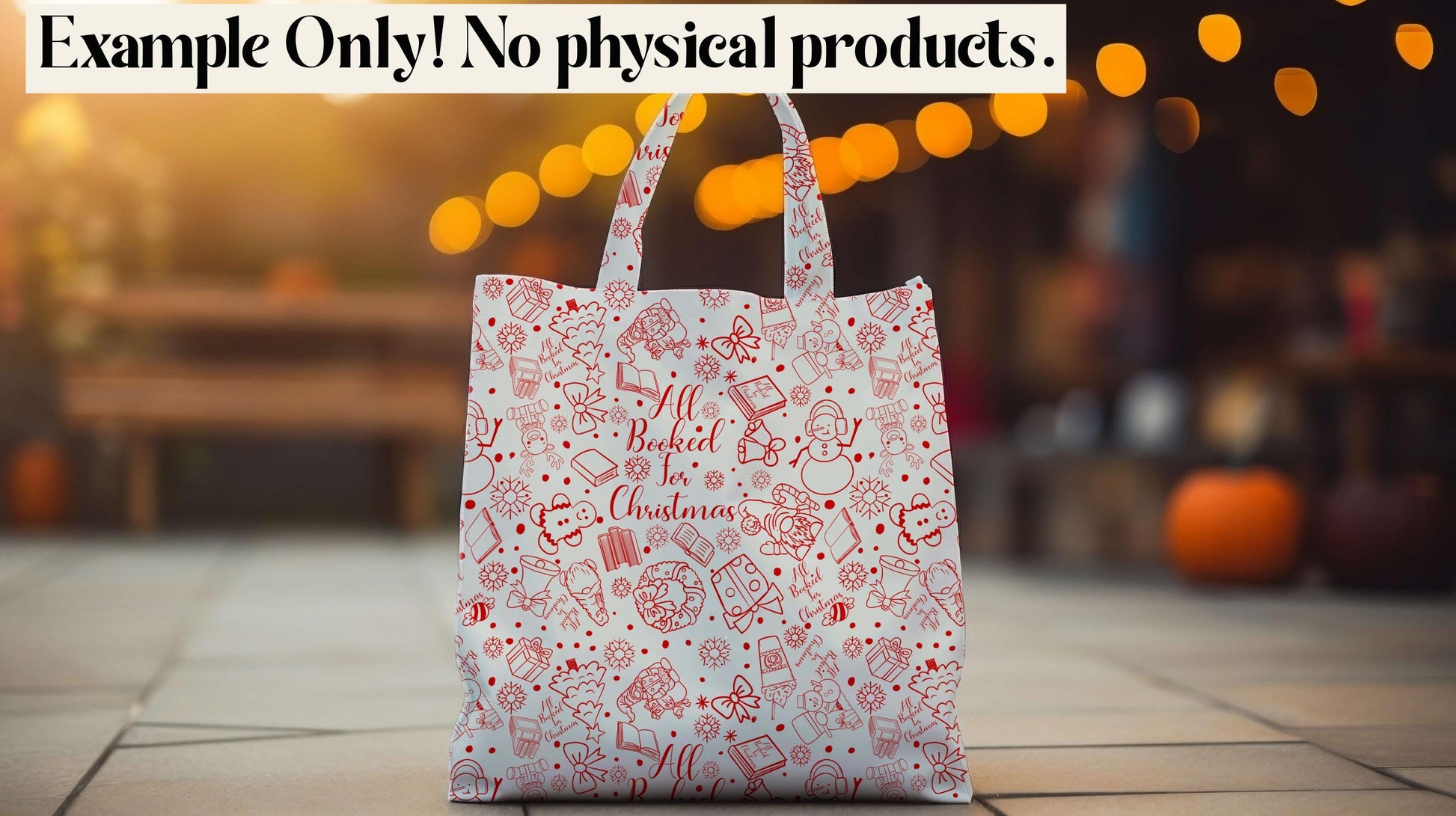 Red Tote bag with Christmas design on a blurred outdoor background