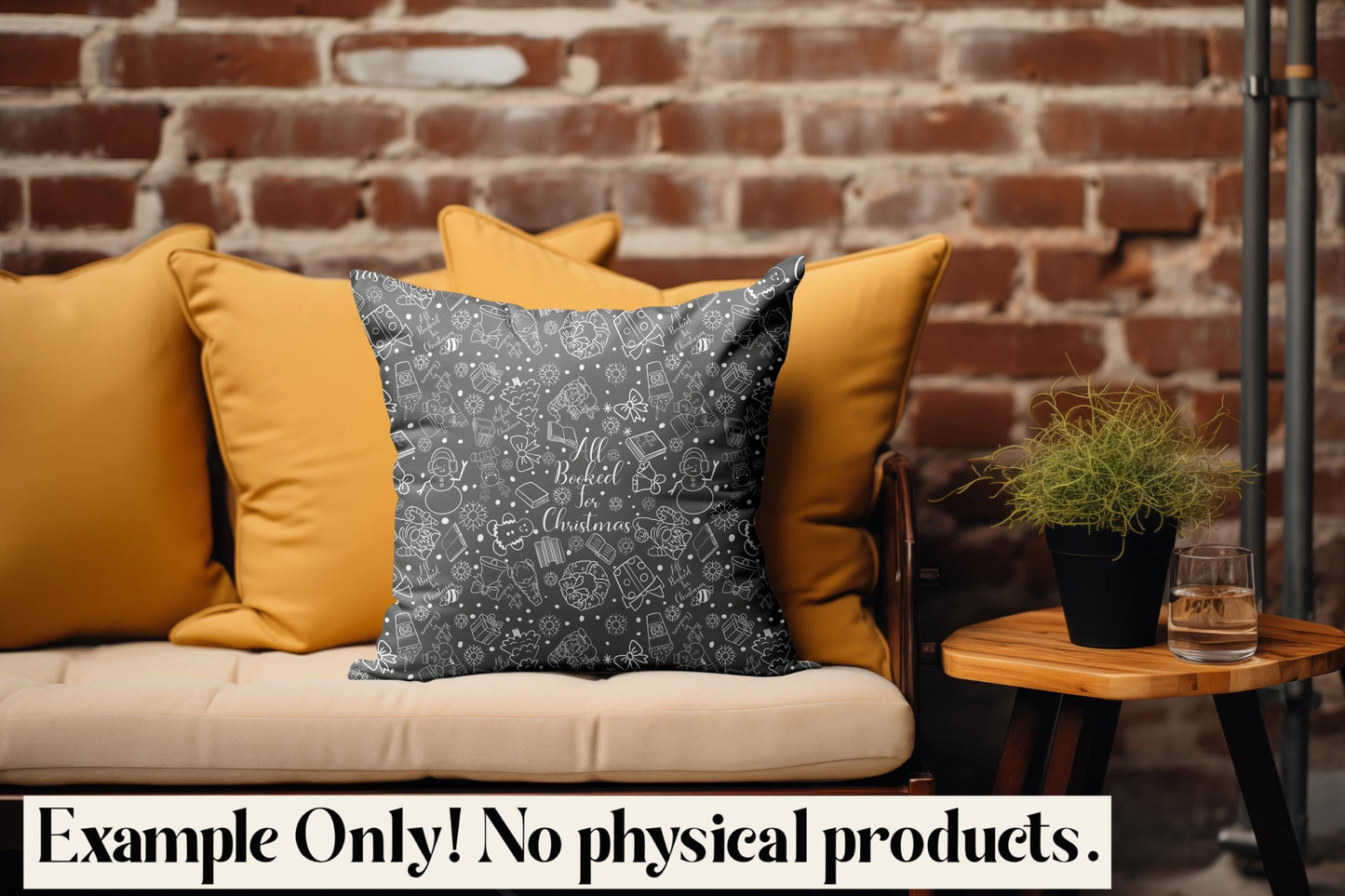 Gray pillow with text on a beige couch against a brick wall.